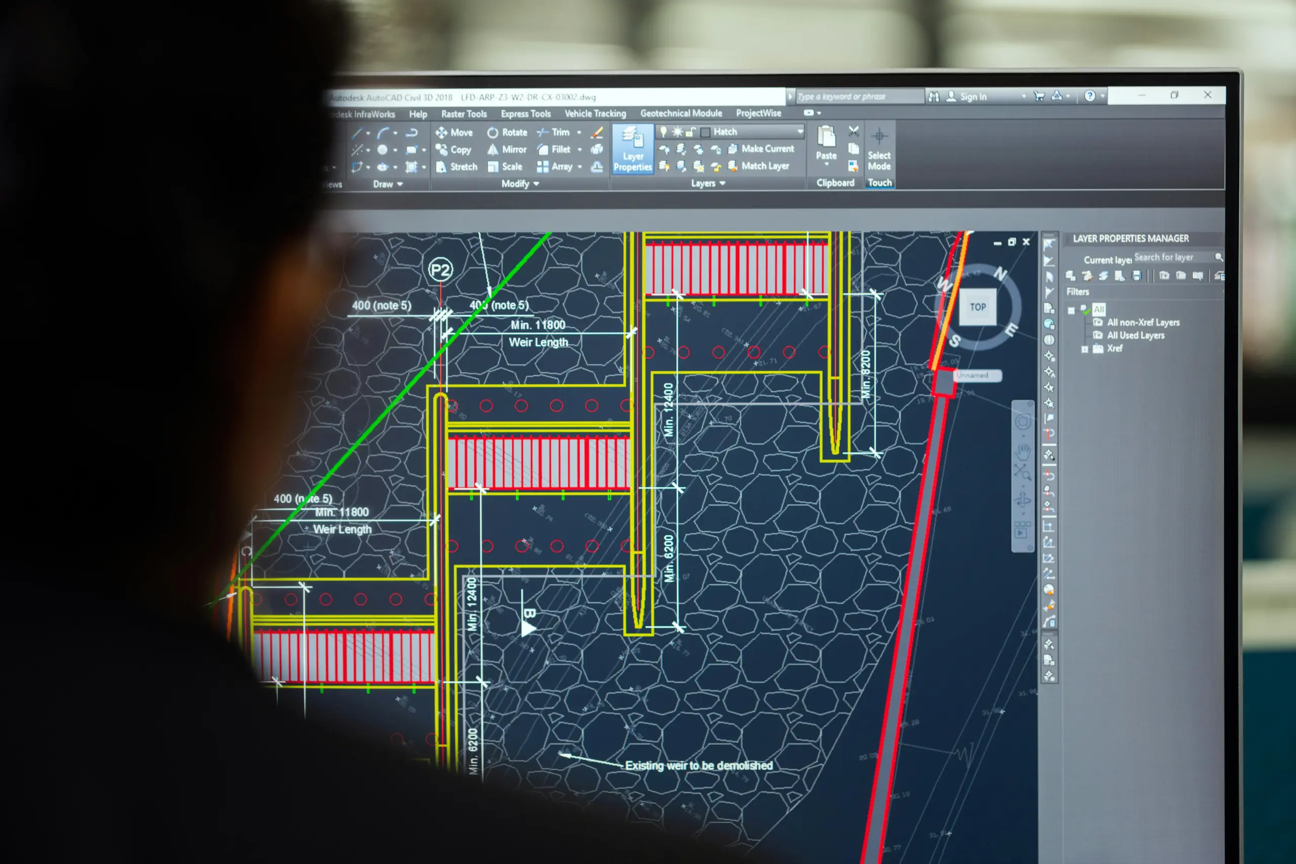4D BIM construction sequencing model showing a detailed AutoCAD Civil 3D plan.