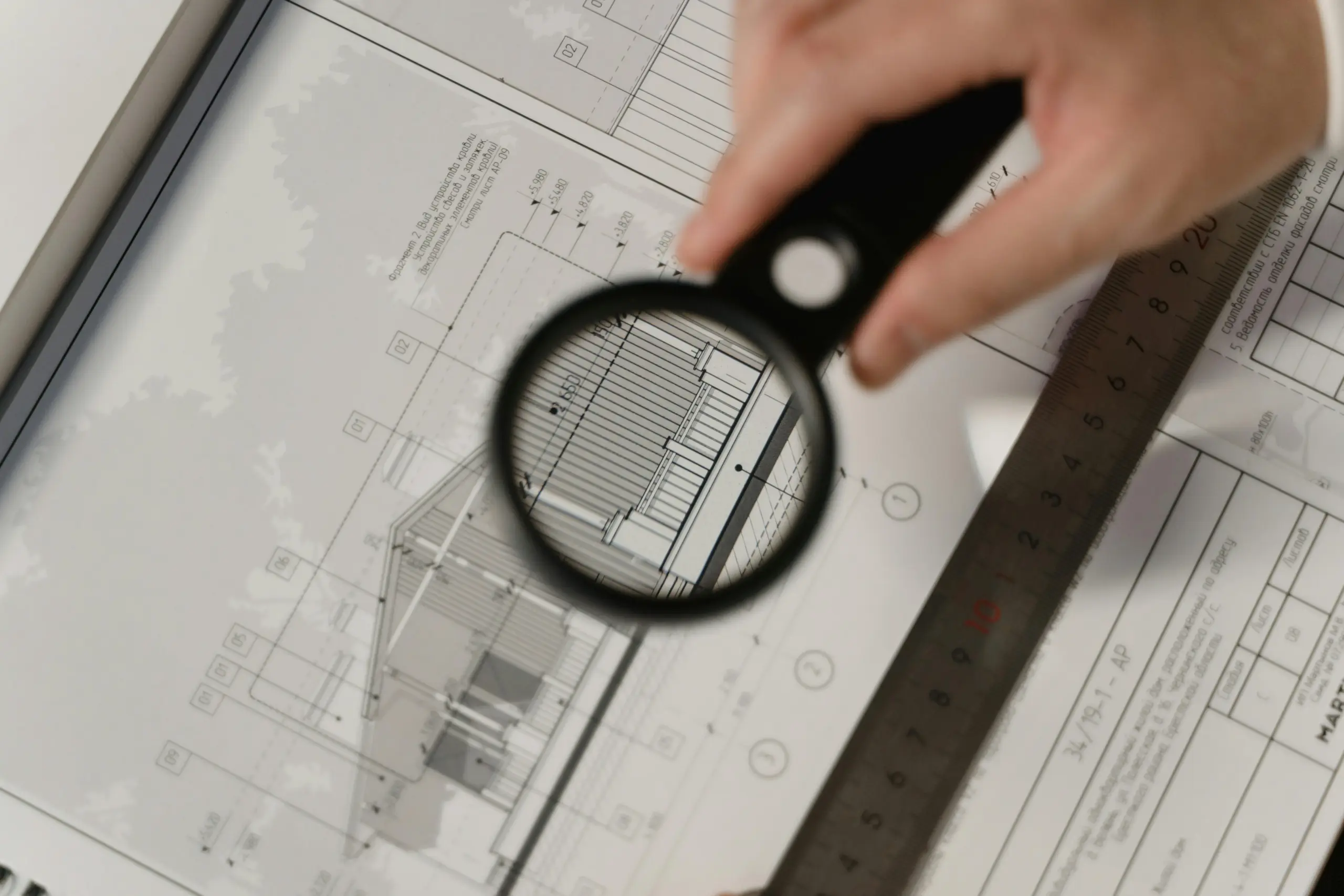 Architect reviewing 4D BIM construction sequencing model blueprint with magnifier and ruler, focusing on building details.
