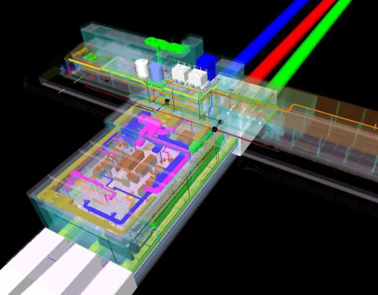 Federated MEP coordination model of an underground station plant room, with colour-coded pipework, ductwork and cable containment running through to the adjacent tunnel.