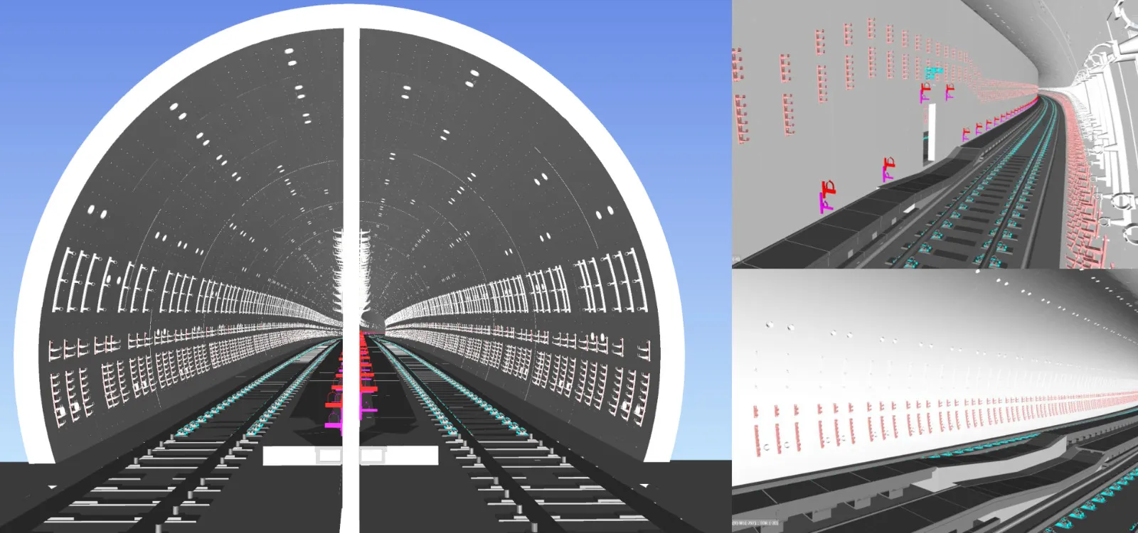 Shaft rebar BIM model showing tunnel construction with tracks and support structures.