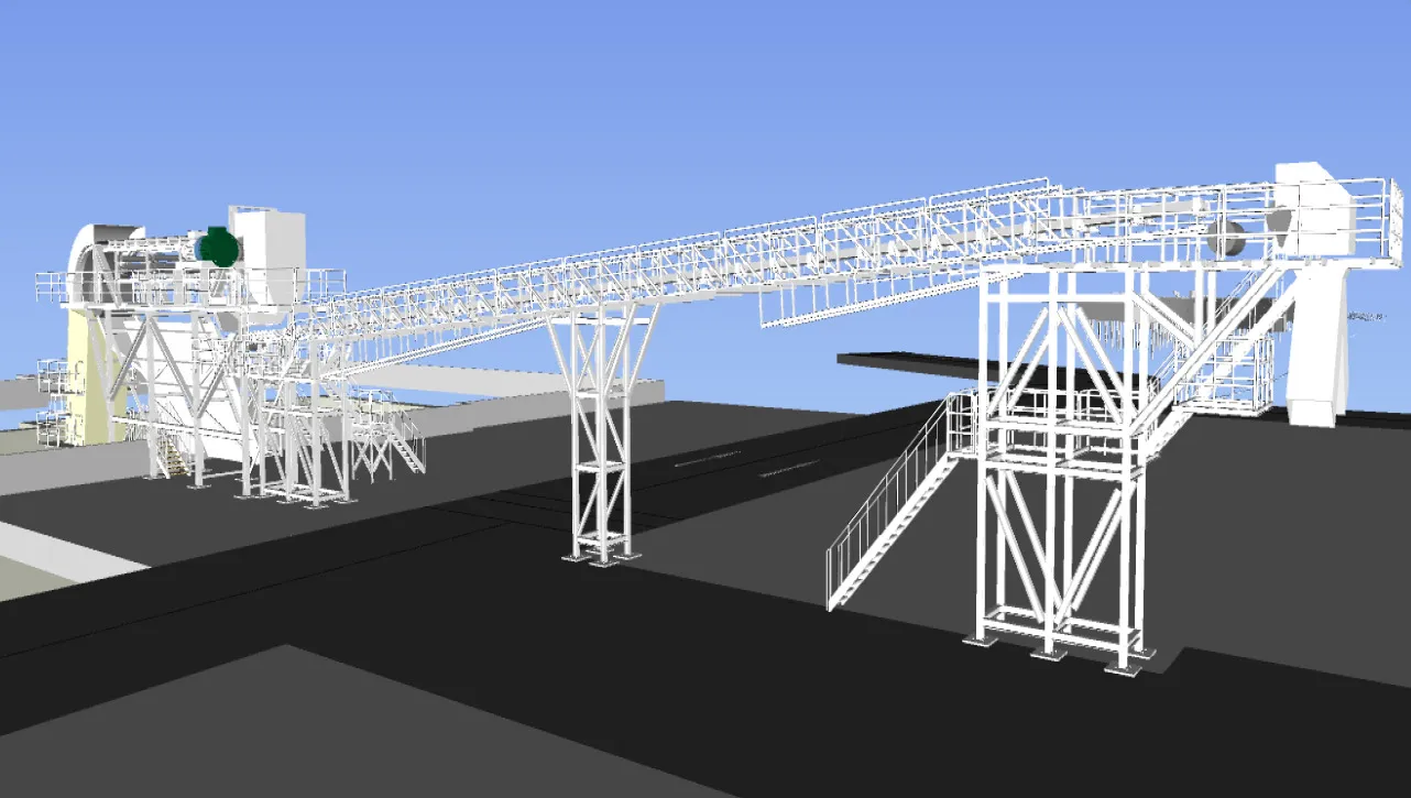 Shaft rebar BIM model showing a conveyor system with support structures and machinery under a blue sky.