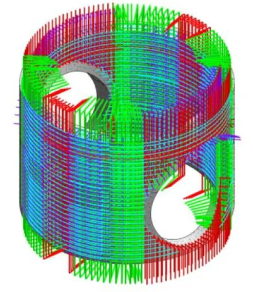 Shaft rebar BIM model showing complex reinforcement structure around circular openings.