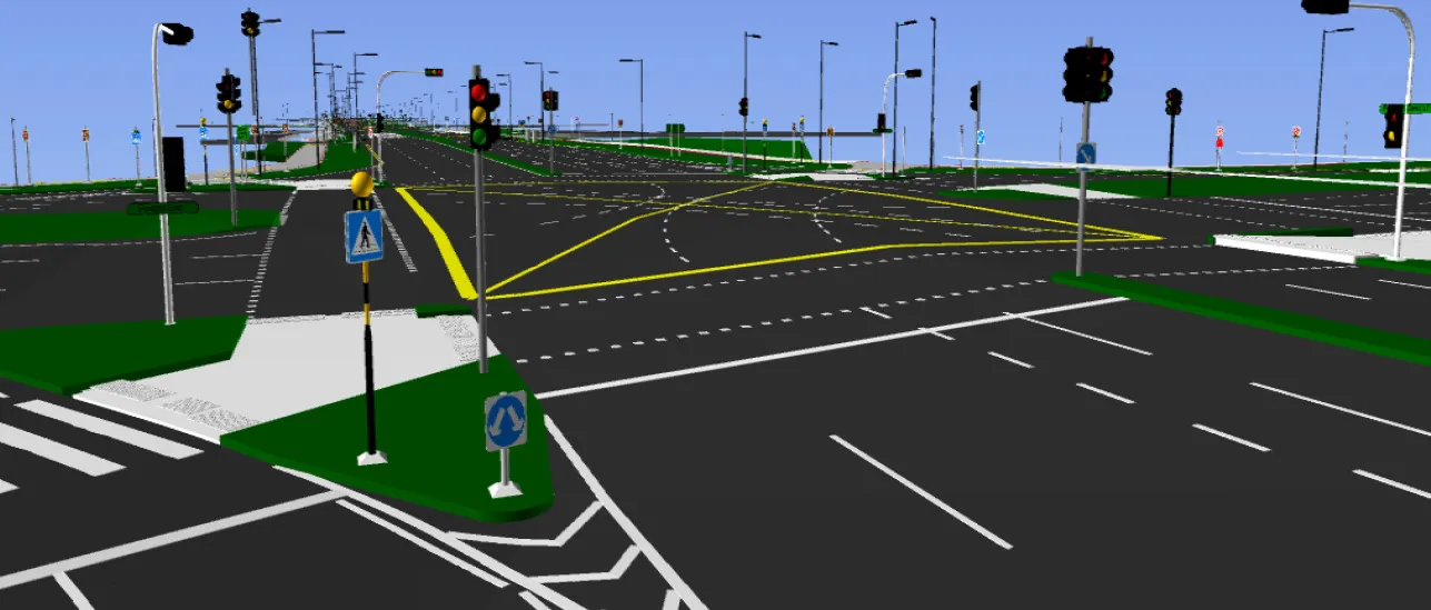 Intersection with traffic lights and pedestrian crossings in a shaft rebar BIM model.