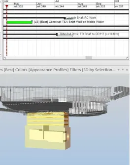 Shaft rebar BIM model showing construction timeline and 3D visualization of the shaft structure.