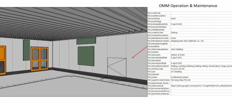 OMM Operation & Maintenance data for a subway interior, showing wall cladding details and warranty information.