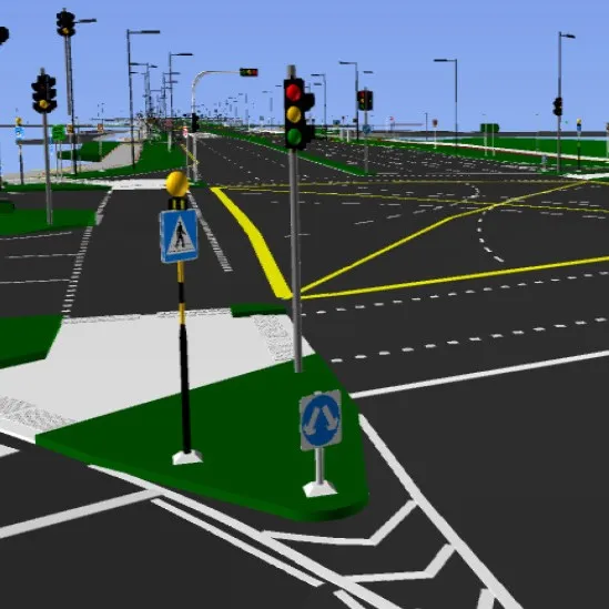 Road junction BIM model with signalised pedestrian crossings, traffic signs, kerb lines and lane markings.