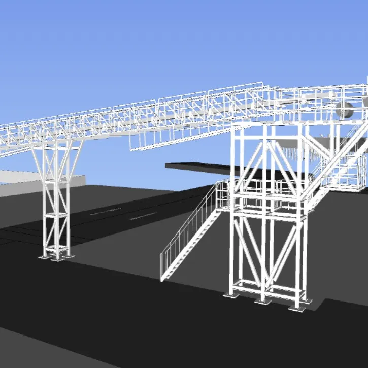 Structural steel gantry BIM model with lattice truss span, access staircase and walkway platform.