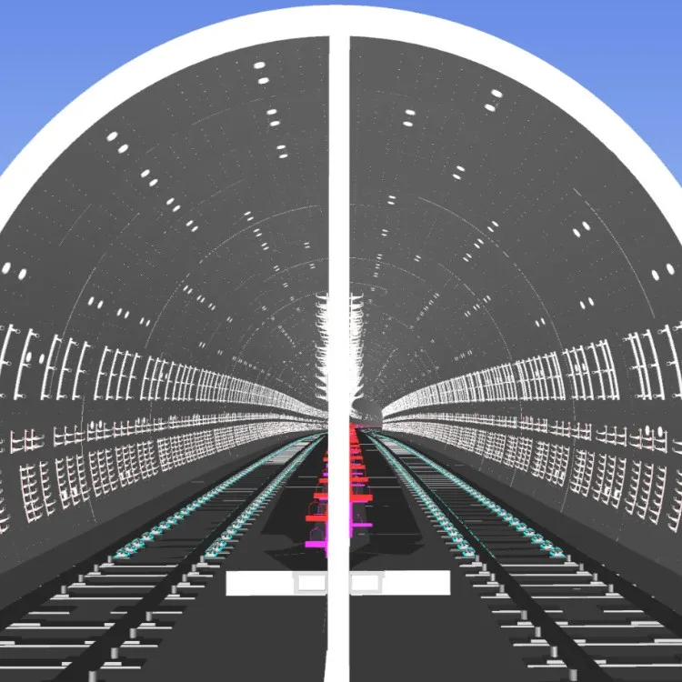 Twin-bore MRT tunnel BIM model showing trackwork, walkway and cable containment along the tunnel lining.